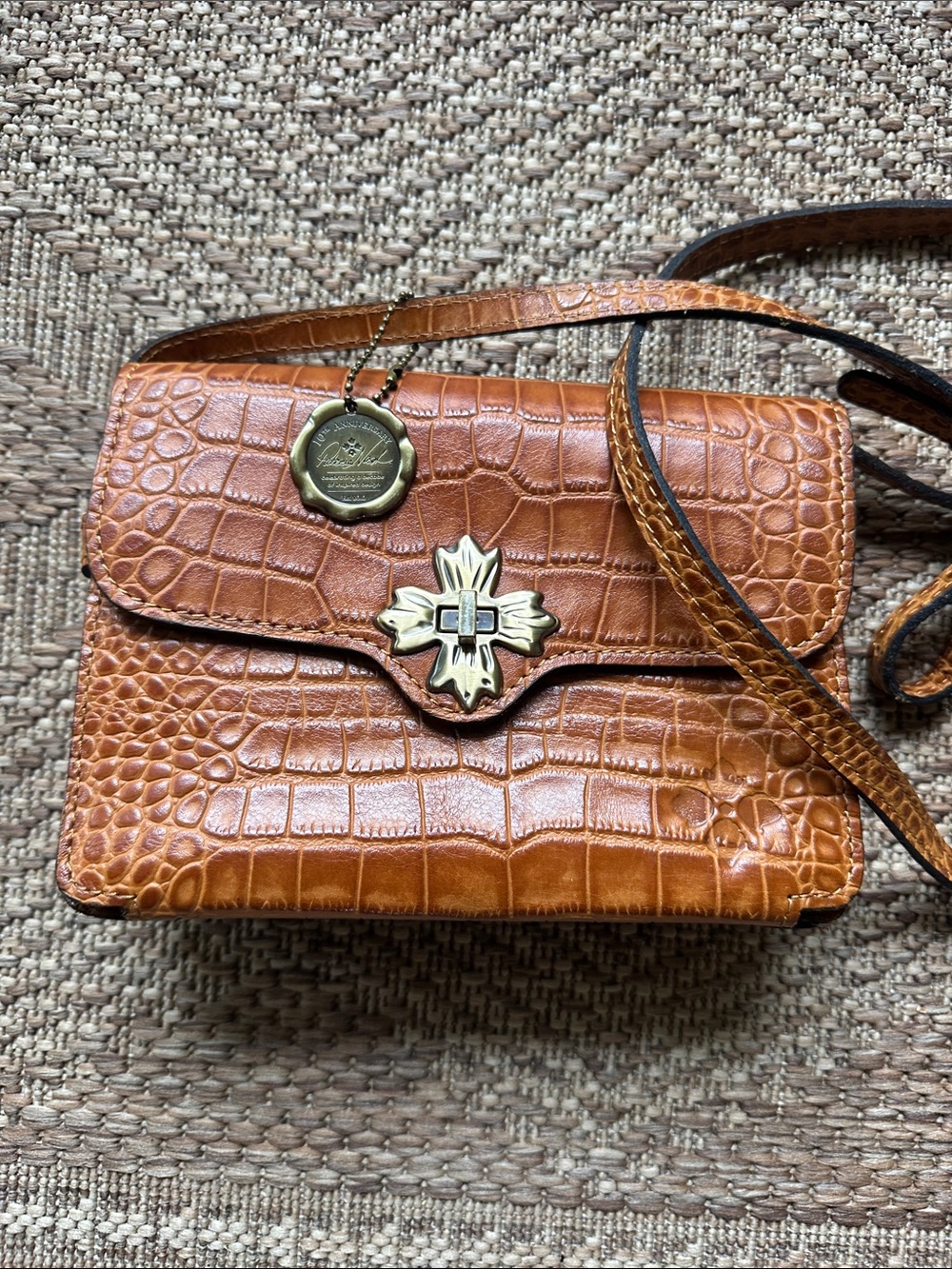 Patricia Nash Tan Croc-Embossed Leather Crossbody with Gold Accent